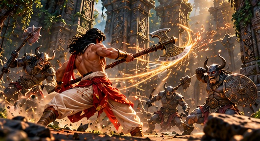 Powerful swings and elemental force in ancient temple ruins.