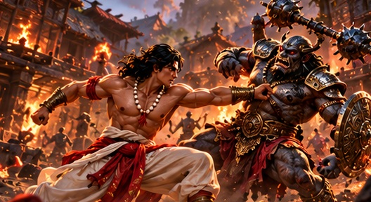 A warrior faces the Rakshasas amid the burning village.